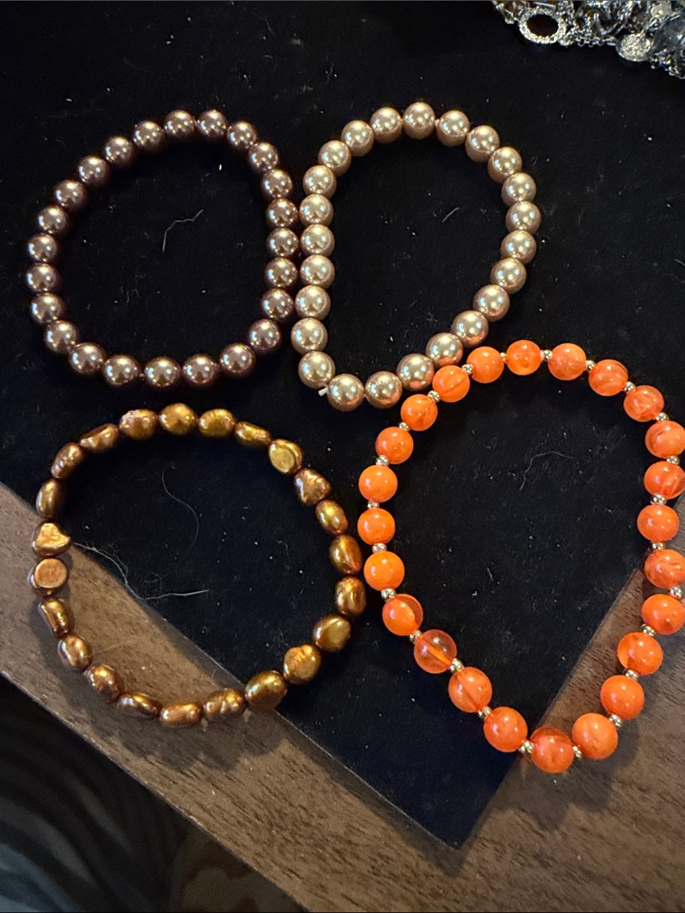 4 Stretchy Handmade Orange and Metallic Bead Stretch Bracelet Set
